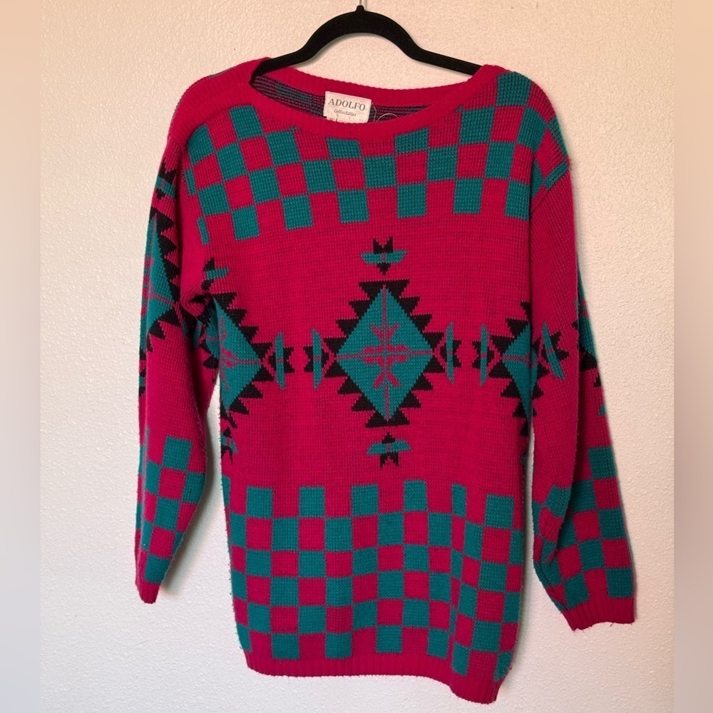 Adolfo collection VINTAGE Women's Pink and Green Geometric Sweater size Small